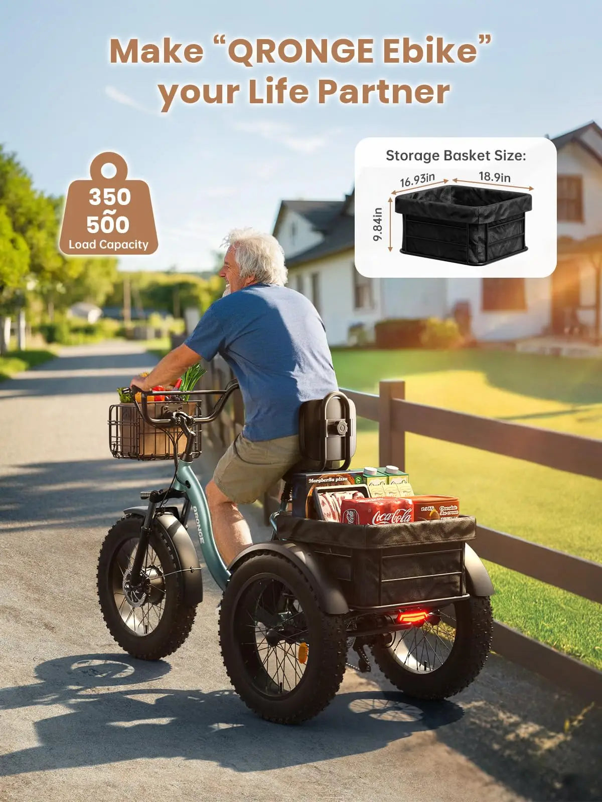 QRONGE Lava Electric Tricycle For Adults 960W Peak 36V 15AH Battery E-bike 50 Miles Range With Large Rear Basket Electric Trike