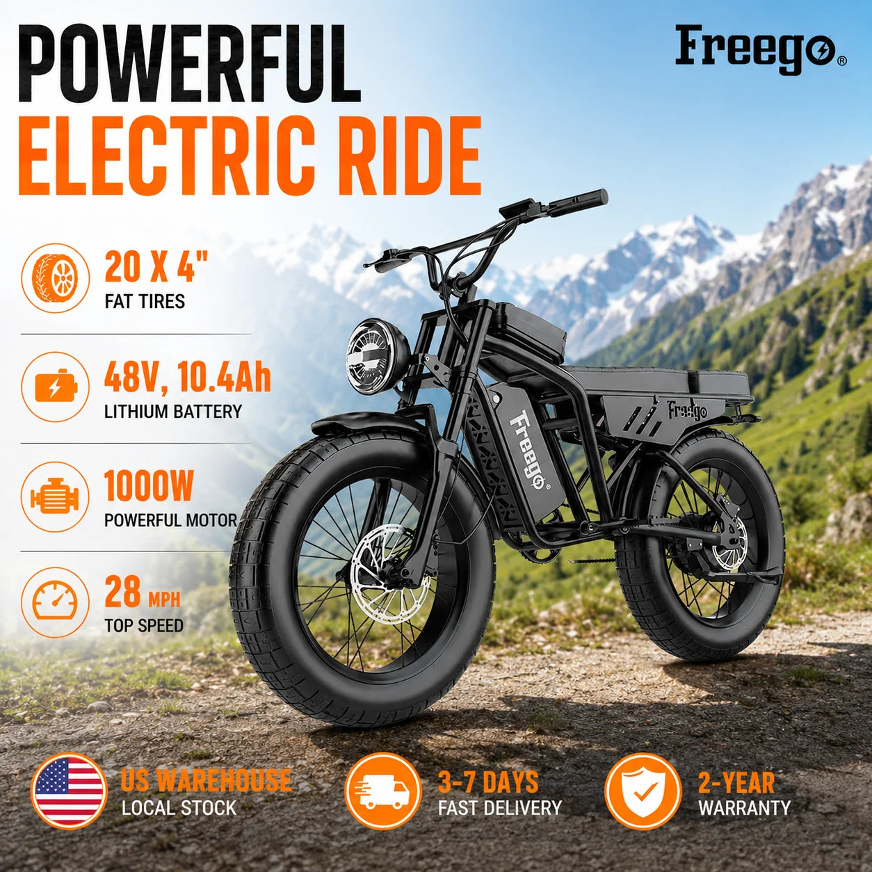 Freego F0  Electric Bike 1000W Motor 48V, 10.4Ah Adult Electric bicycle 2O X 4"  Fat Tire E-bike 28 MPH Mountain electric bike
