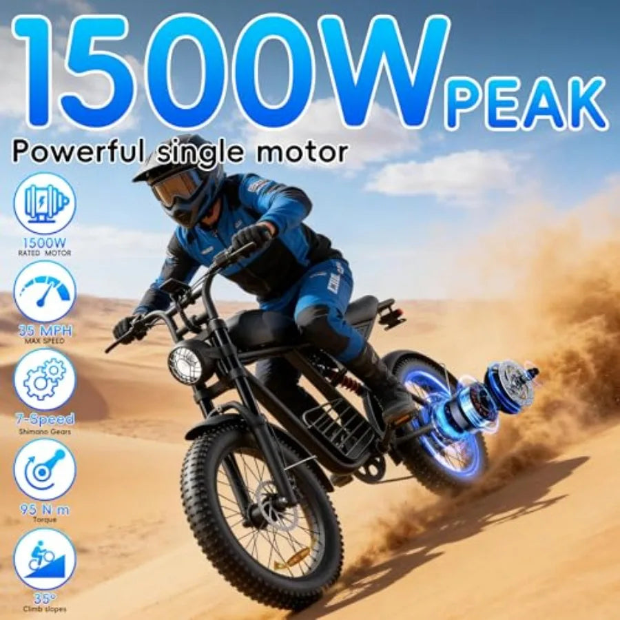 Electric Bike for Adults: 1000/1500/3000W Peak Motor, 35/37MPH Fast Dirt Ebike, 48V 15/20/25Ah Battery, 40-80 Miles Range, 20 F