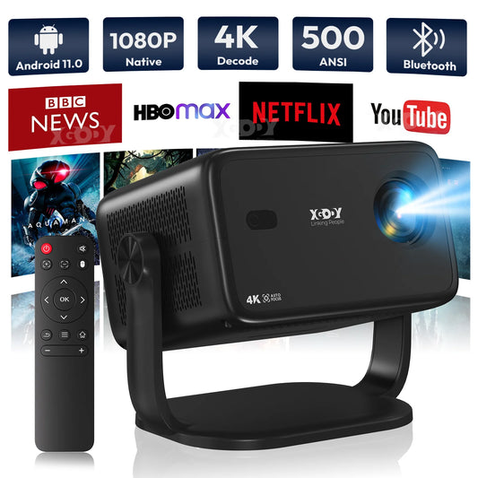 XGODY 4K Android 11 Projector Native 1080P With Auto Keystone Focus Wifi 6 BT 5.4 Portable Outdoor Movie Home Cinema