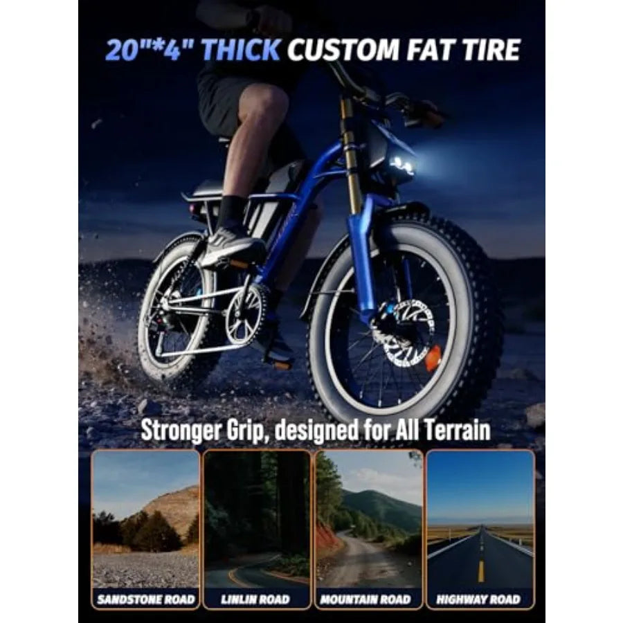 Electric Bike for Adults: 1500W Peak Motor 48V 20.8Ah Removable Battery 80 Miles Range 28 MPH Top Speed 20 Off-Road Fat Tire E-