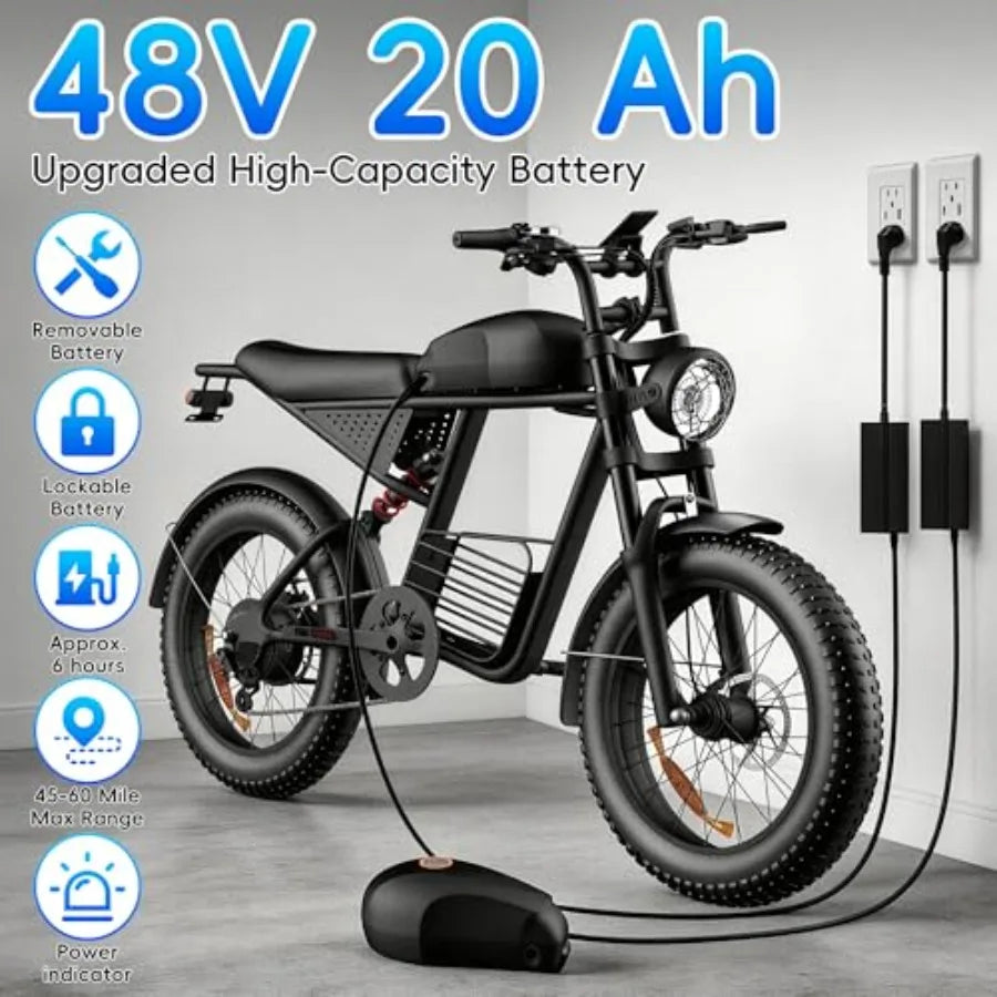 Electric Bike for Adults: 1000/1500/3000W Peak Motor, 35/37MPH Fast Dirt Ebike, 48V 15/20/25Ah Battery, 40-80 Miles Range, 20 F