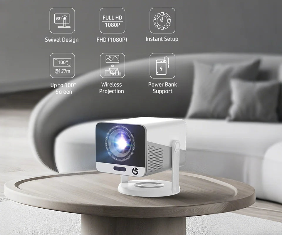 HP Projector MC425 1080P FHD Android 14 with Dual Wifi6 & BT5.4 Allwinner H726 Beamer Home Theater Support Power Bank Feature
